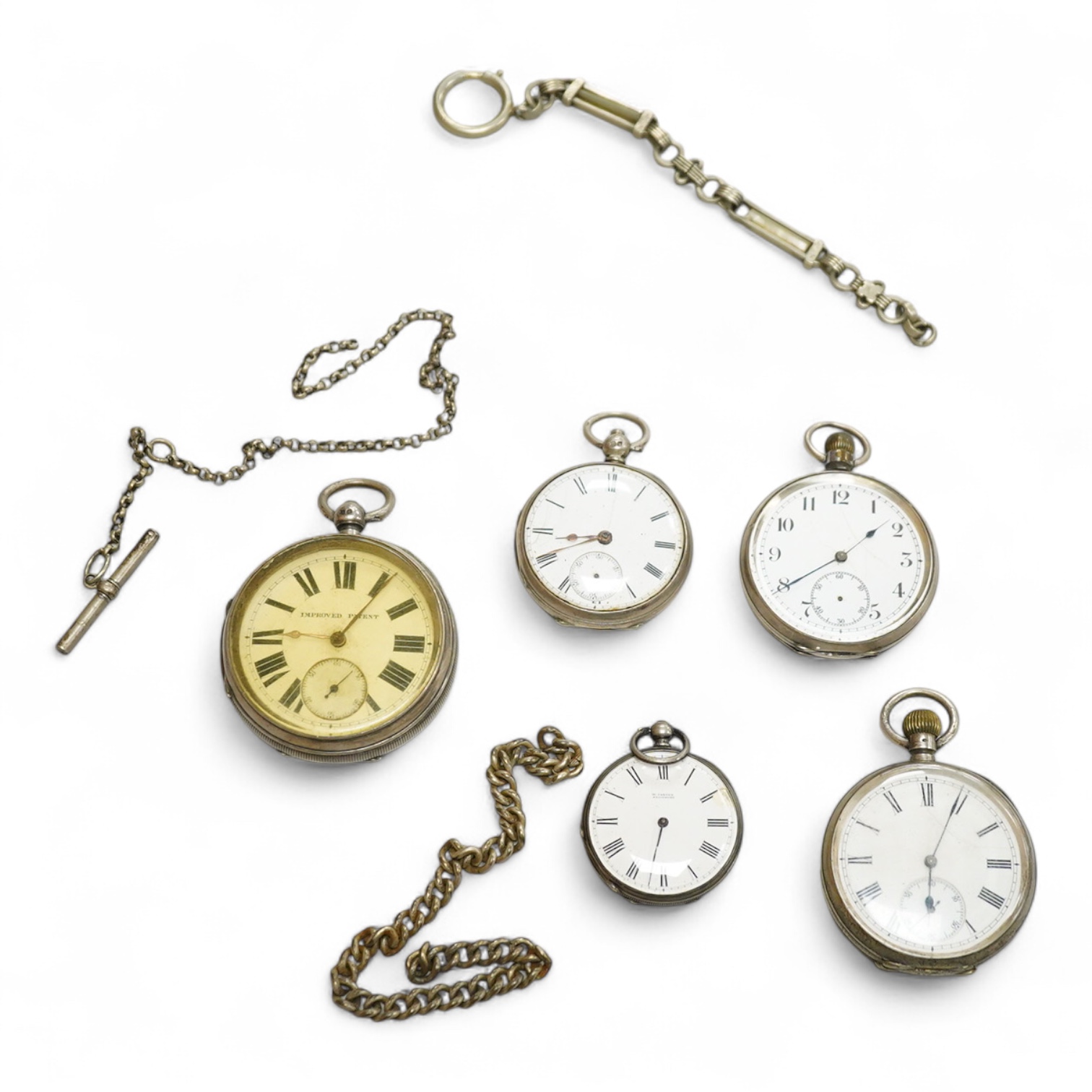 A late Victorian silver 'Improved Patent' open faced pocket watch, with Roman dial and subsidiary seconds, together with four other silver or white metal pocket/fob watches and three base metal chain sections.